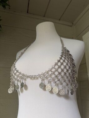 Silver Metallic Flower Chainmail w/ Coin Fringe FESTIVAL RAVE Halter—Adjustable